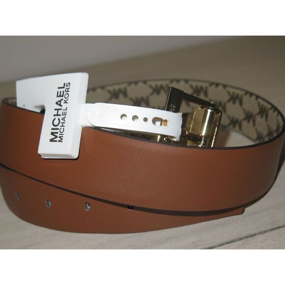 Michael Kors 556180C Women Sz M Reversible LEATHER Luggage Brown Logo MK Belt - Picture 8 of 10